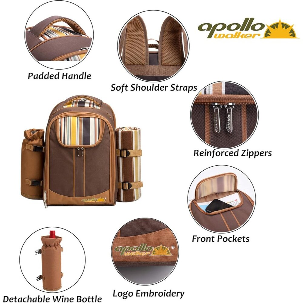 Picnic Backpack Bag for 4 Person with Cooler Compartment,Wine Bag, Picnic Blanke - Picture 4 of 9